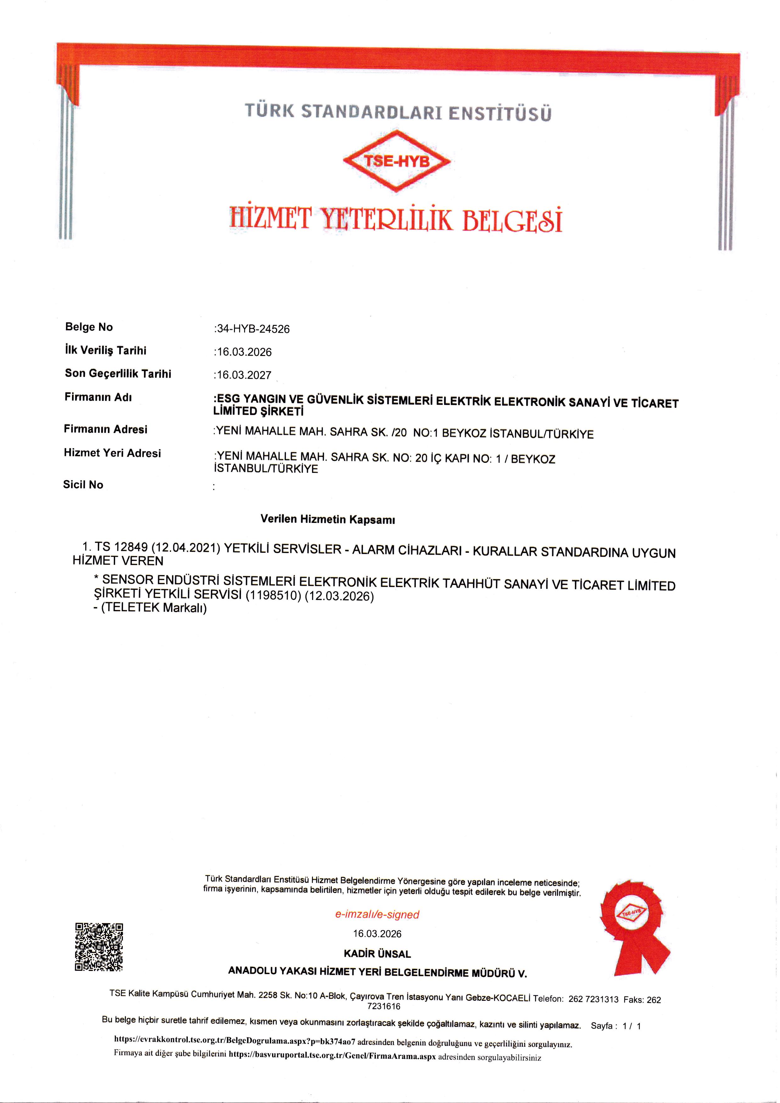 Hizmet Yeterlilik Belgesi